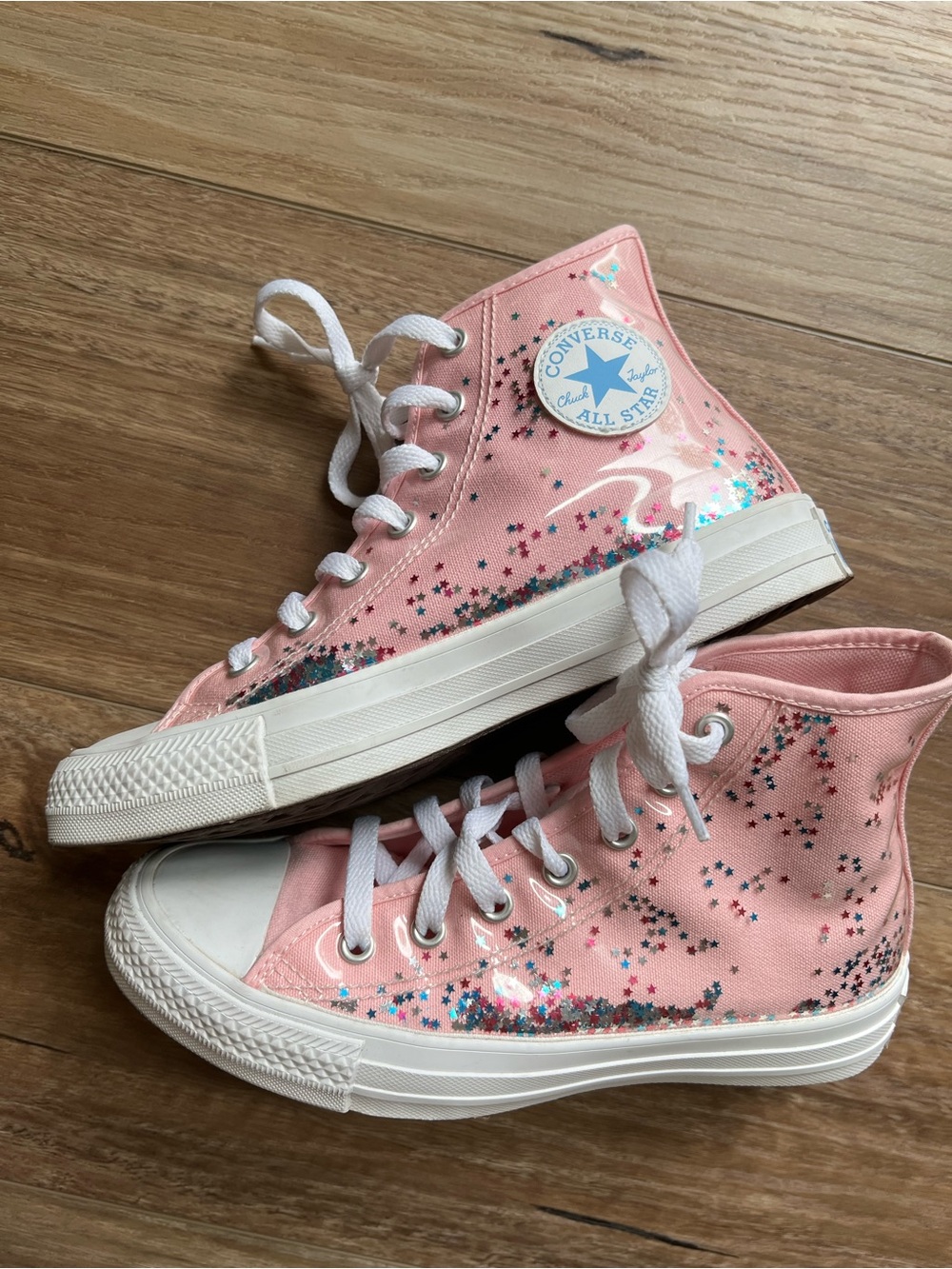 Converse Pink with Star Glitter Confetti High Top Sneakers big girls size 3.5